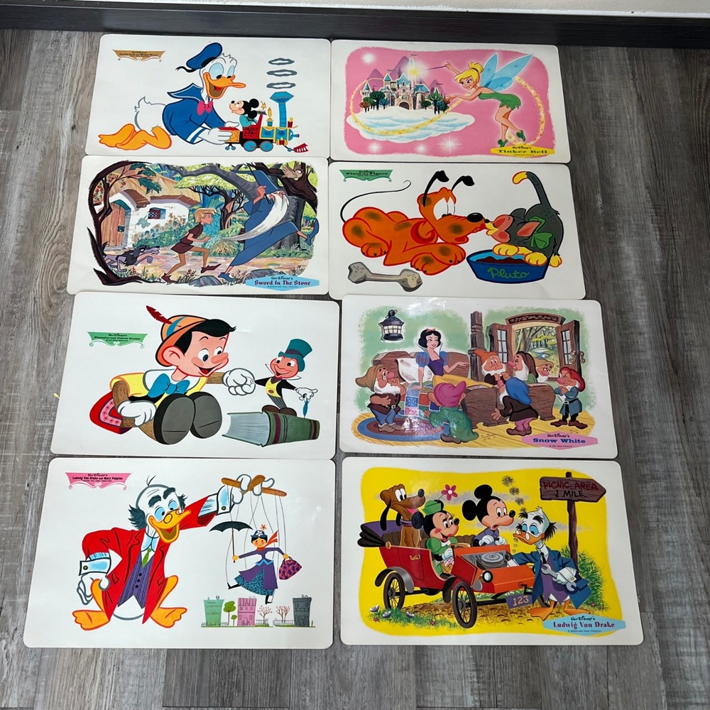 Disney VTG Character Placemats Set Of 8 Donald Duck Tinker Bell Pluto 60's-70's